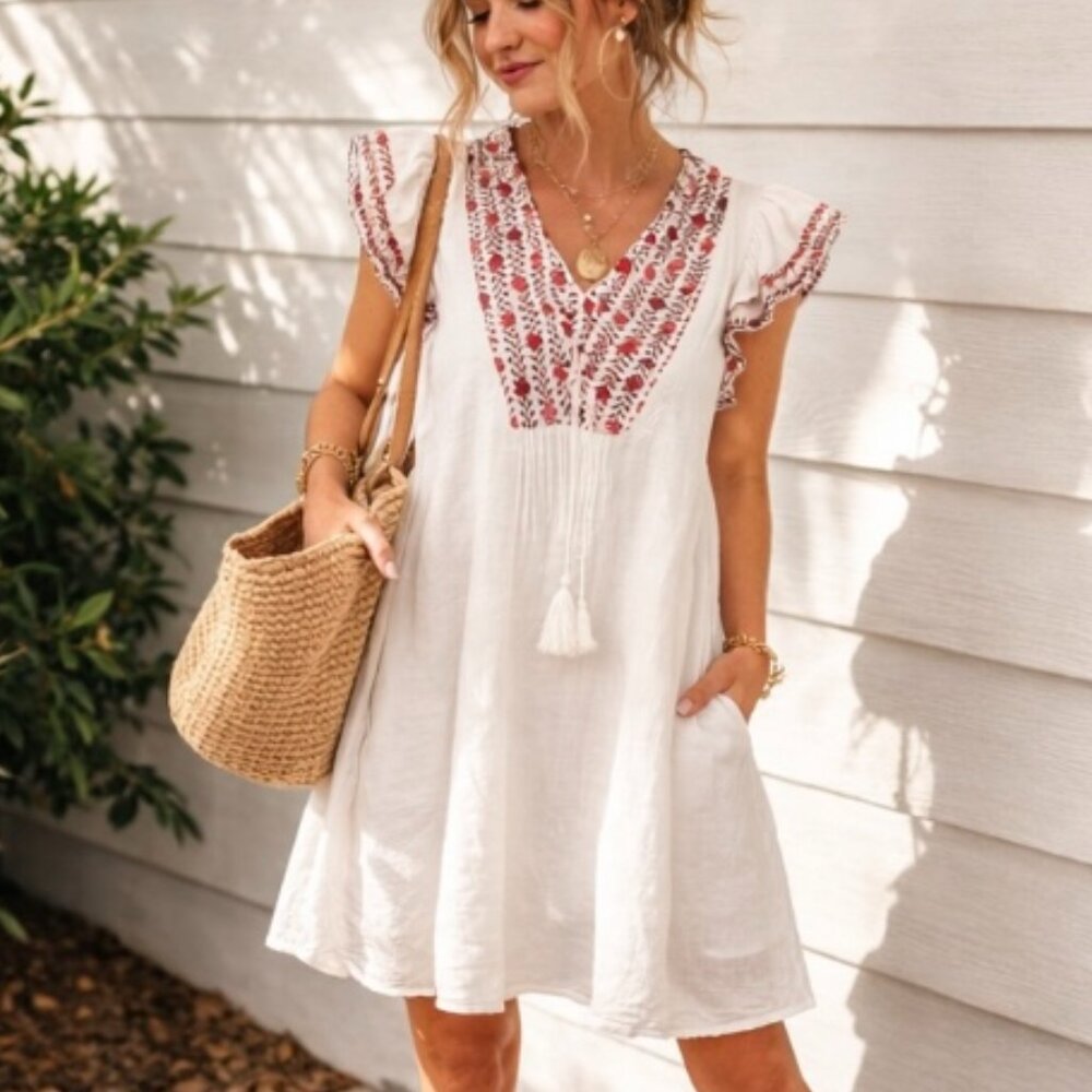 Embroidered V-Neck White Swing Dress with Red Accents